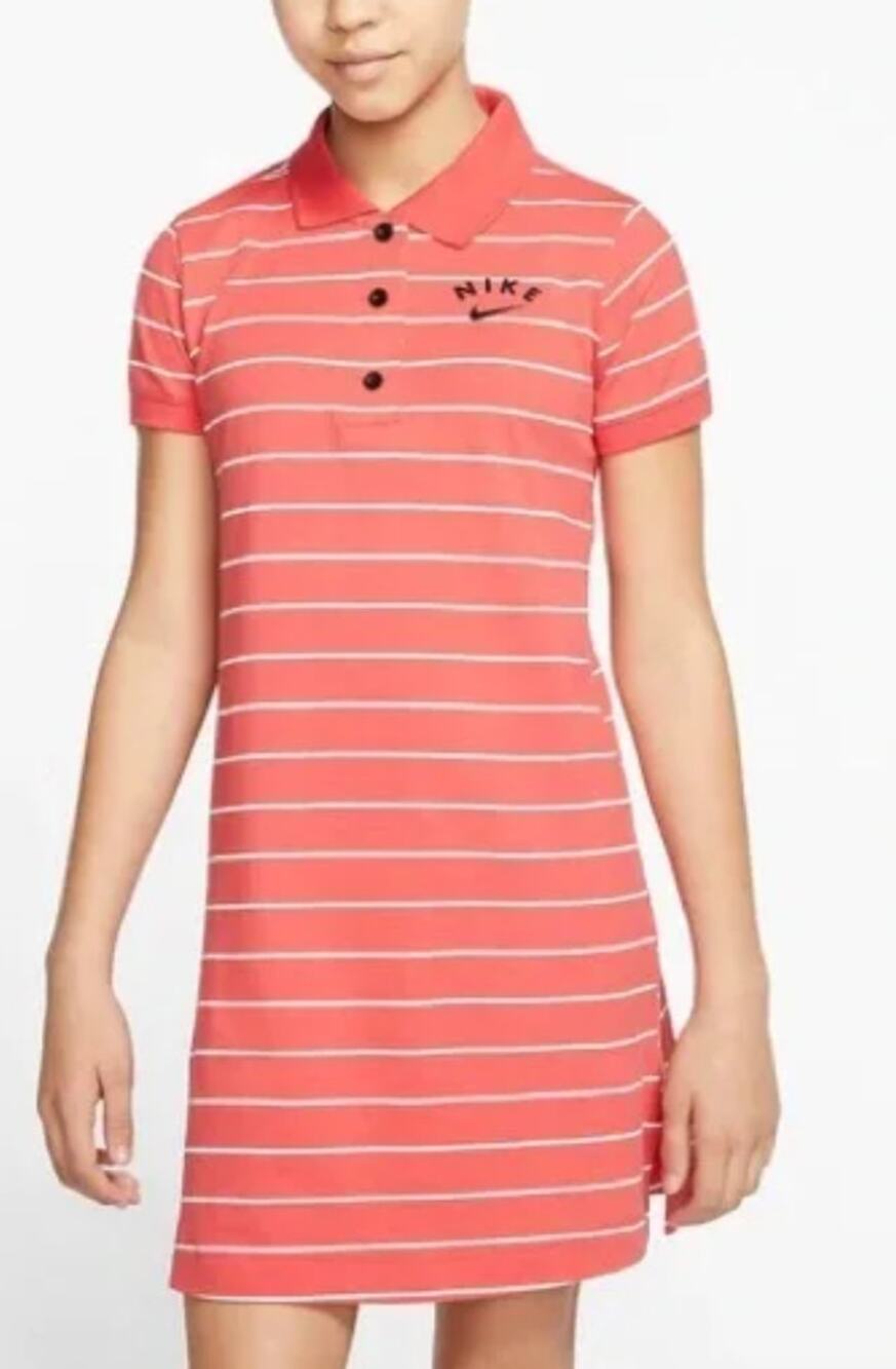 NIKE Girls Red White Stripe Short Sleeve Cotton Golf Polo Dress LARGE